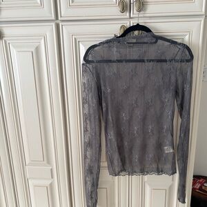 Lace Mesh Long Sleeve Top Mock Neck